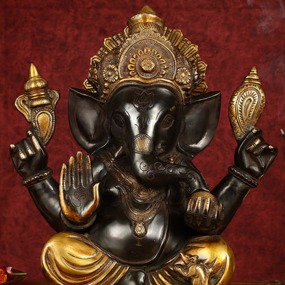 Majestic 15-Inch Pure Brass Ganapati Statue in Black Tone