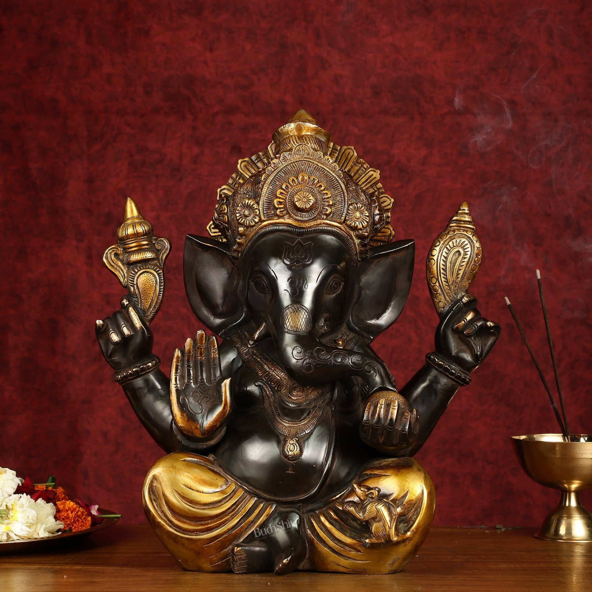 Majestic 15-Inch Pure Brass Ganapati Statue in Black Tone
