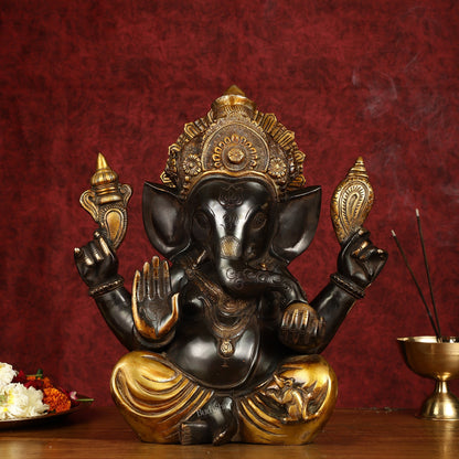 Majestic 15-Inch Pure Brass Ganapati Statue in Black Tone