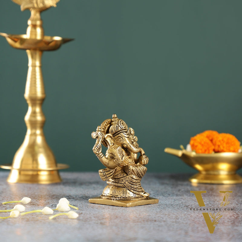 Majestic Brass Ganesha Idol | Height 4 inch