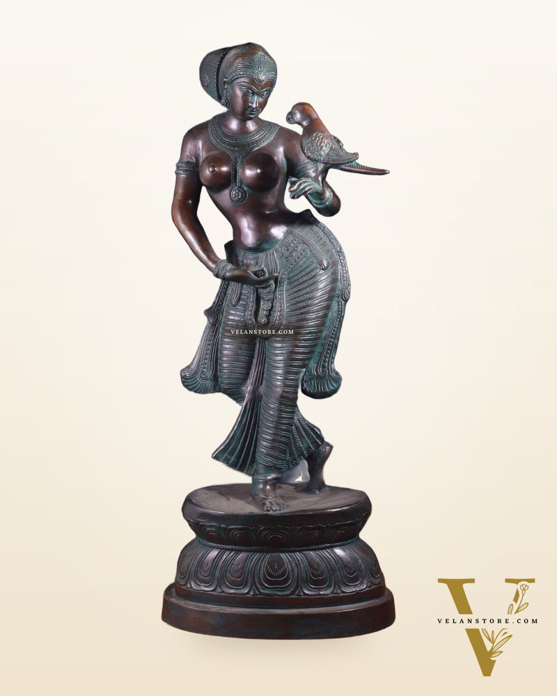 Majestic Brass Lady Holding Parrot Idol – Chola Style, 36 Inch