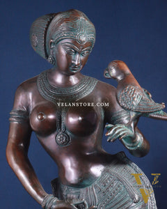 Majestic Brass Lady Holding Parrot Idol – Chola Style, 36 Inch