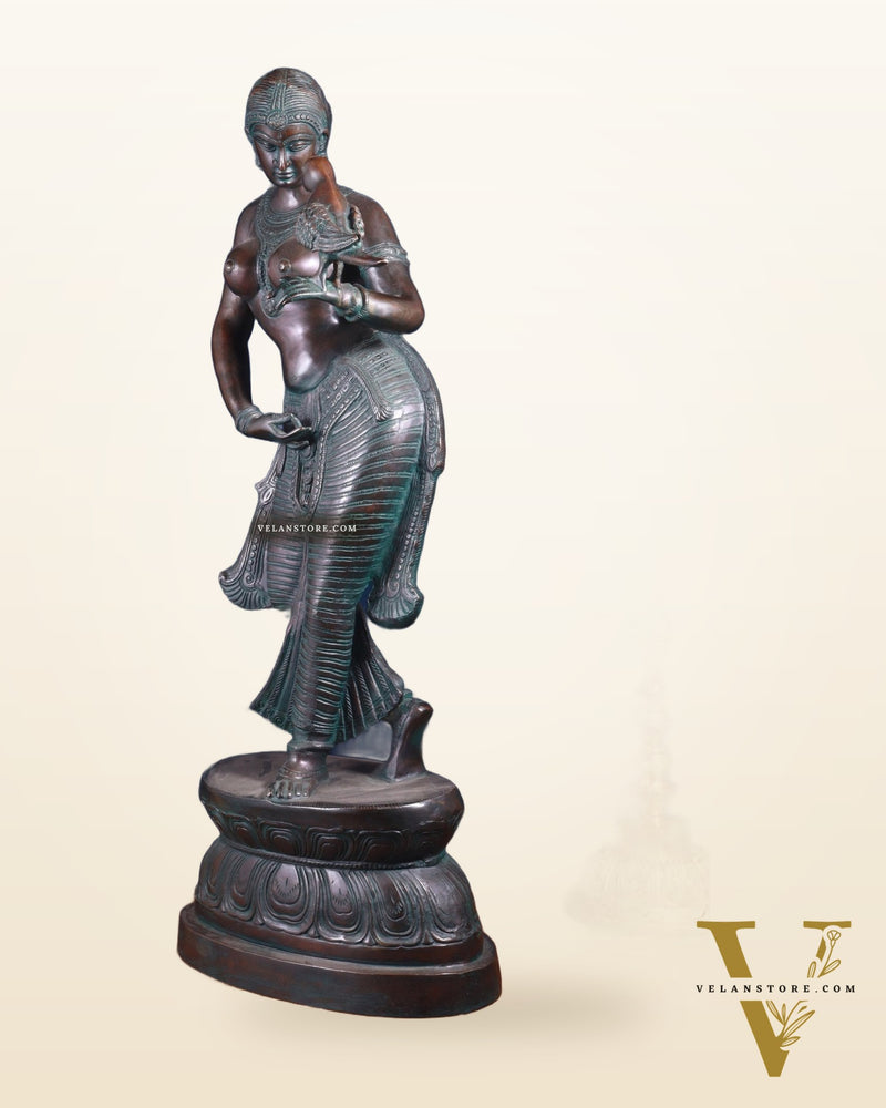 Majestic Brass Lady Holding Parrot Idol – Chola Style, 36 Inch
