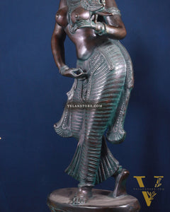 Majestic Brass Lady Holding Parrot Idol – Chola Style, 36 Inch