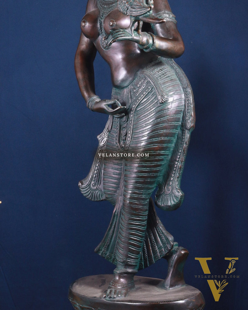 Majestic Brass Lady Holding Parrot Idol – Chola Style, 36 Inch
