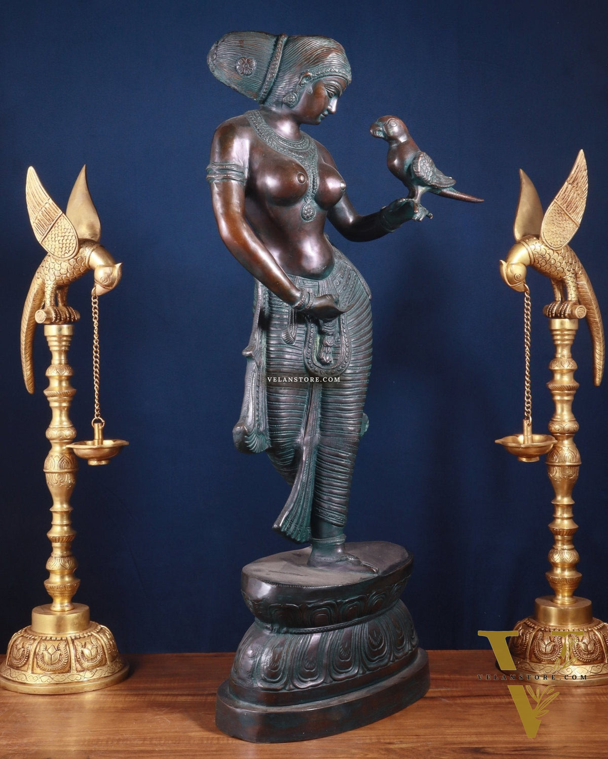 Majestic Brass Lady Holding Parrot Idol – Chola Style, 36 Inch