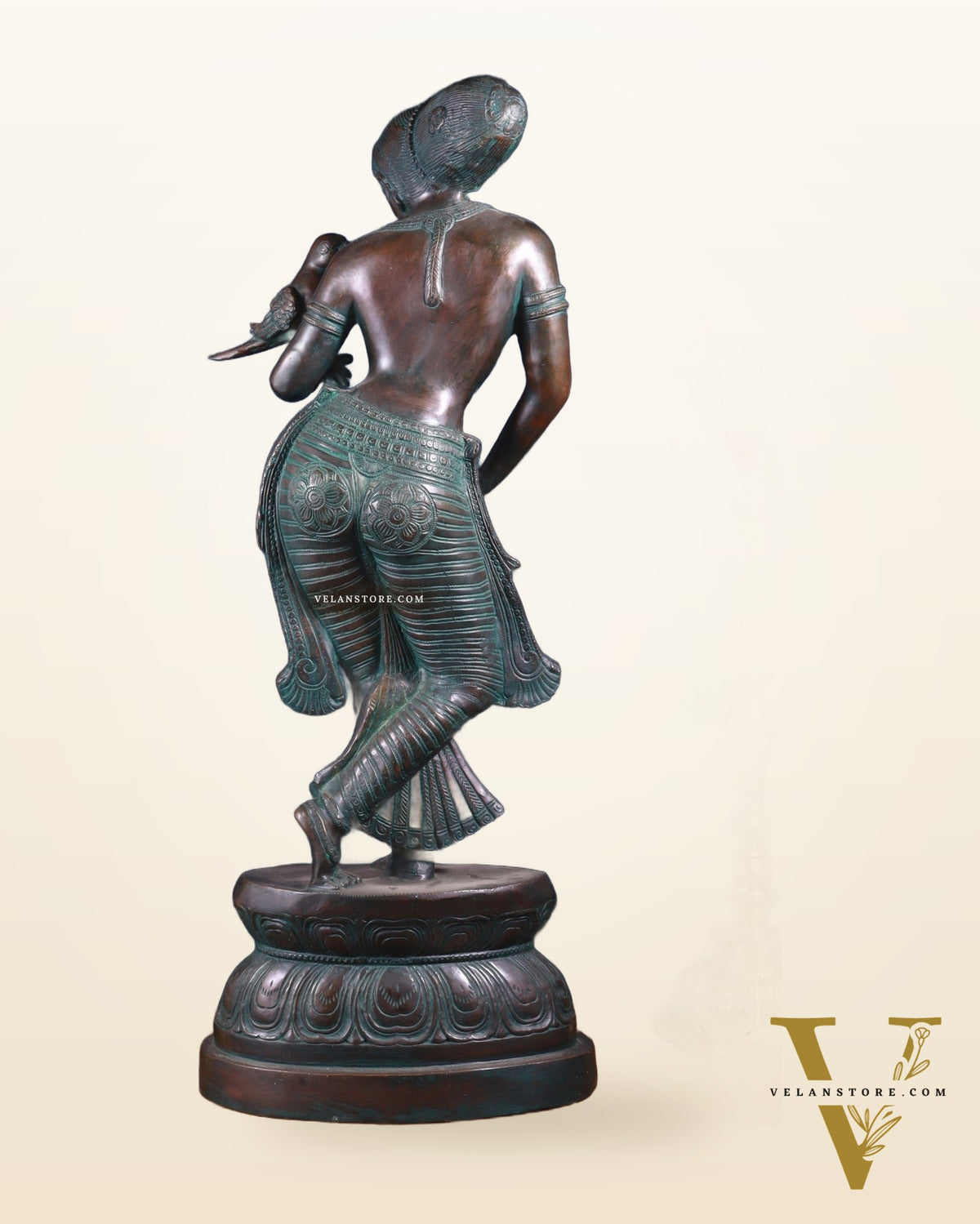 Majestic Brass Lady Holding Parrot Idol – Chola Style, 36 Inch