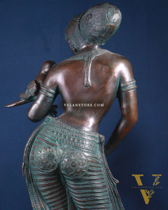 Majestic Brass Lady Holding Parrot Idol – Chola Style, 36 Inch