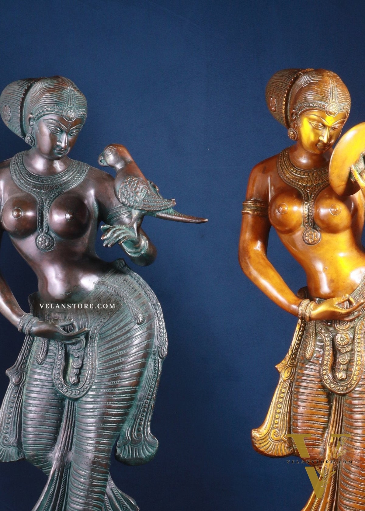 Majestic Brass Lady Holding Parrot & Lady Holding Mirror Sculpture – Chola Style, 36 Inch, 48 Kg