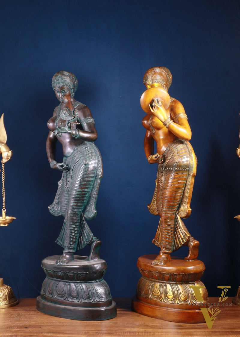 Majestic Brass Lady Holding Parrot & Lady Holding Mirror Sculpture – Chola Style, 36 Inch, 48 Kg