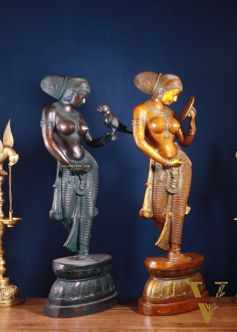 Majestic Brass Lady Holding Parrot & Lady Holding Mirror Sculpture – Chola Style, 36 Inch, 48 Kg