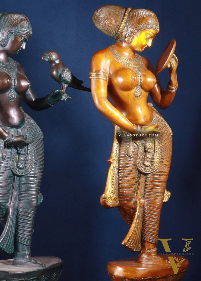 Majestic Brass Lady Holding Parrot & Lady Holding Mirror Sculpture – Chola Style, 36 Inch, 48 Kg