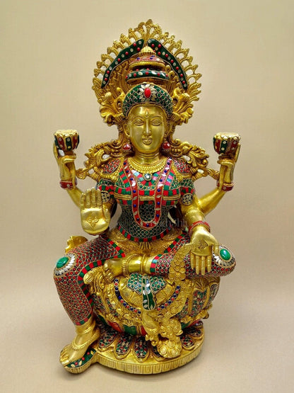 Majestic Brass Large Lakshmi Devi Idol with Meenakari 26"
