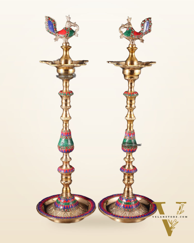 Majestic Brass Peacock Samai Lamp with Stonework pair | 2.2 Feet (26 Inch)
