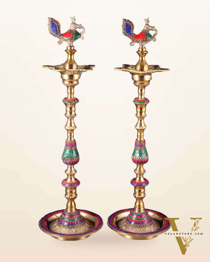 Majestic Brass Peacock Samai Lamp with Stonework pair | 2.2 Feet (26 Inch)