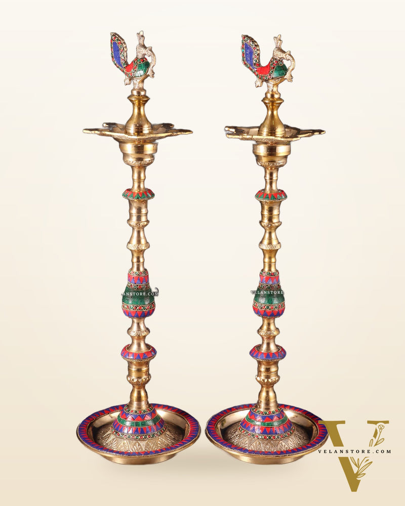 Majestic Brass Peacock Samai Lamp with Stonework pair | 2.2 Feet (26 Inch)