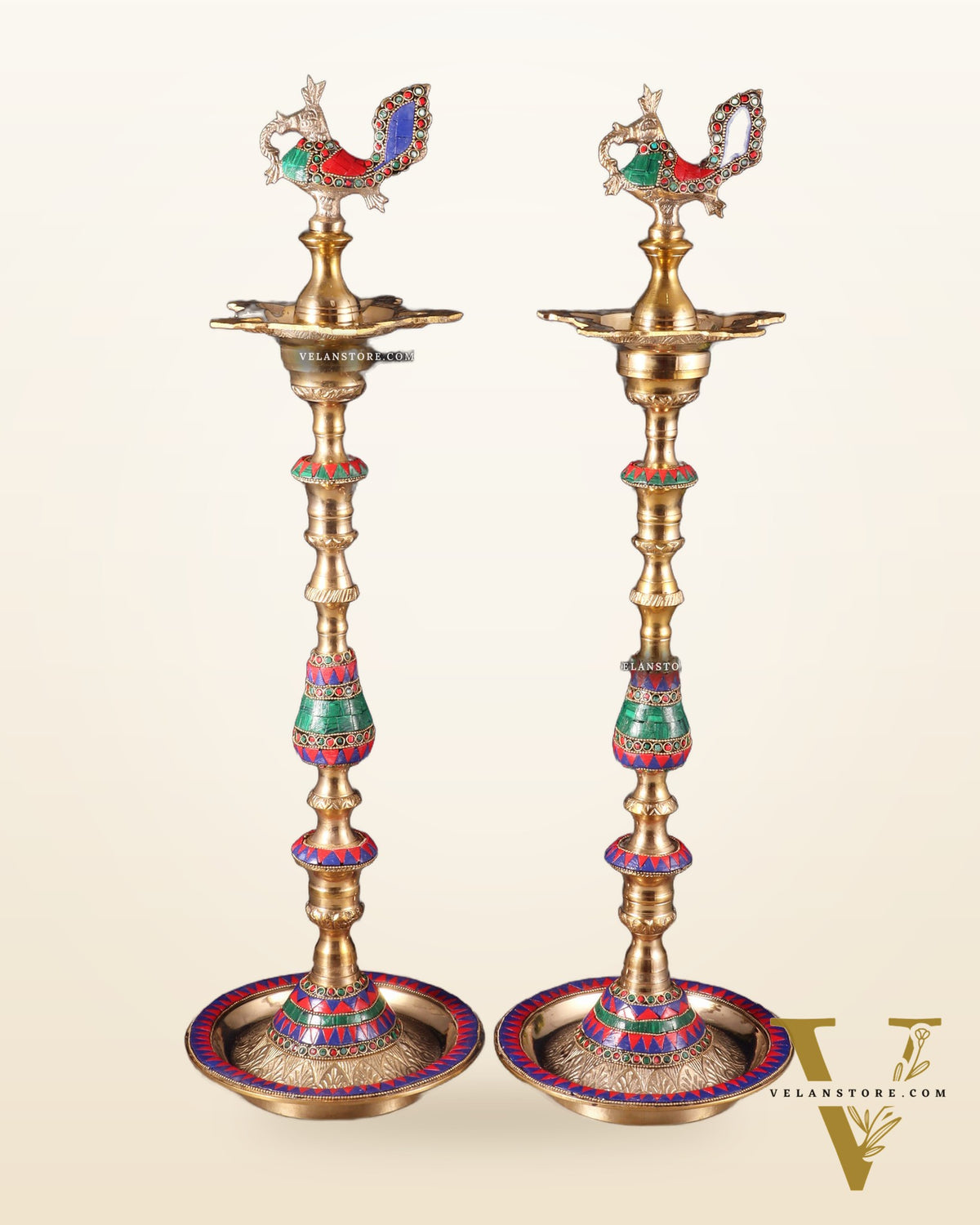 Majestic Brass Peacock Samai Lamp with Stonework pair | 2.2 Feet (26 Inch)