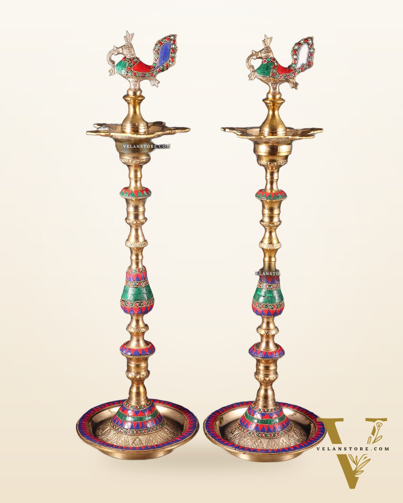 Majestic Brass Peacock Samai Lamp with Stonework pair | 2.2 Feet (26 Inch)