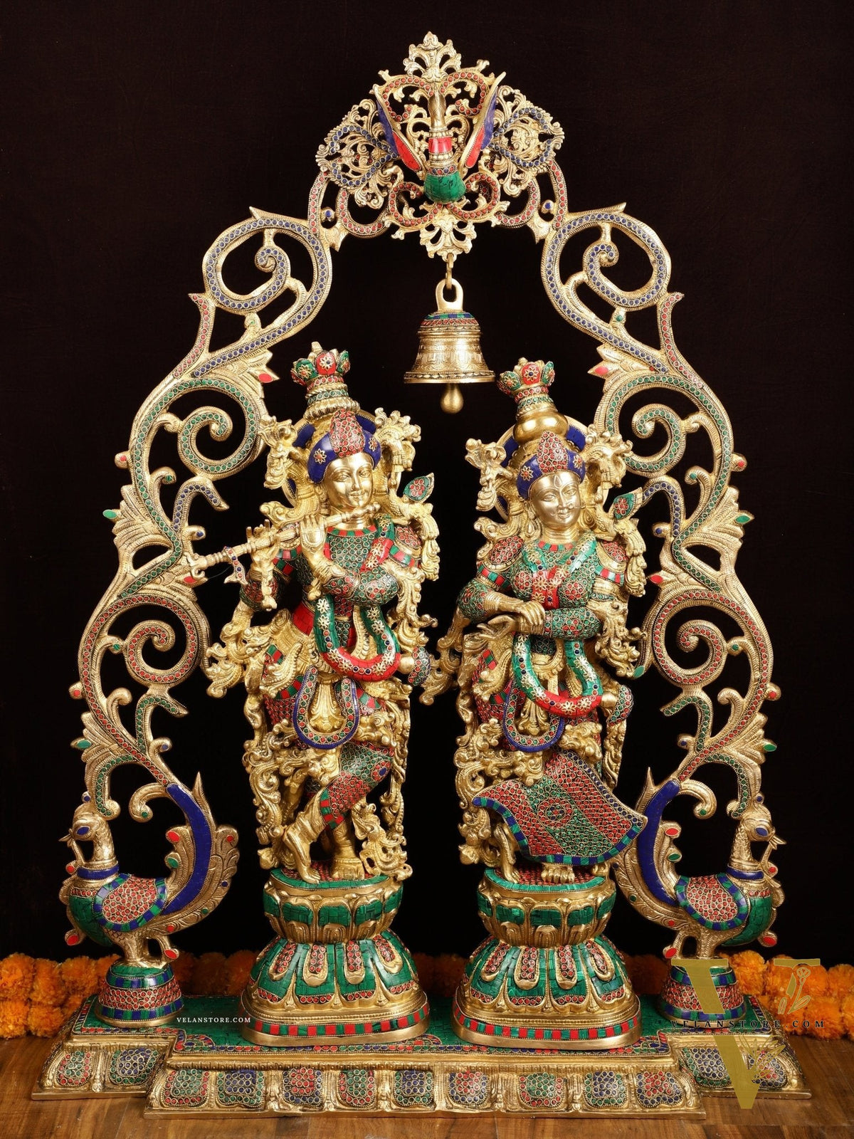 Majestic Brass Radha Krishna with Peacock Temple Arch Meenakari Marvel | 45 inch