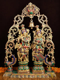 Majestic Brass Radha Krishna with Peacock Temple Arch Meenakari Marvel | 45 inch