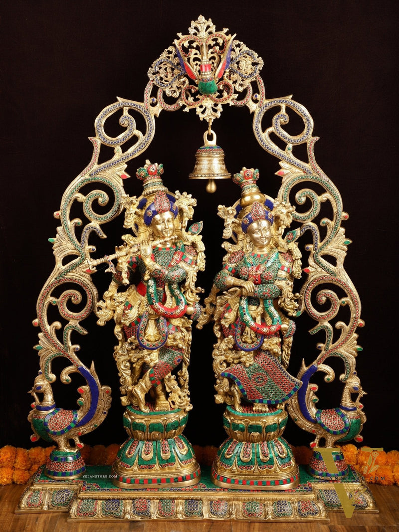 Majestic Brass Radha Krishna with Peacock Temple Arch Meenakari Marvel | 45 inch