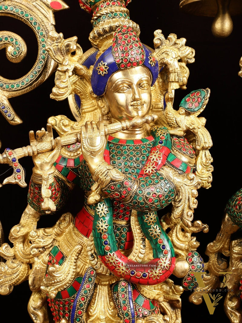 Majestic Brass Radha Krishna with Peacock Temple Arch Meenakari Marvel | 45 inch