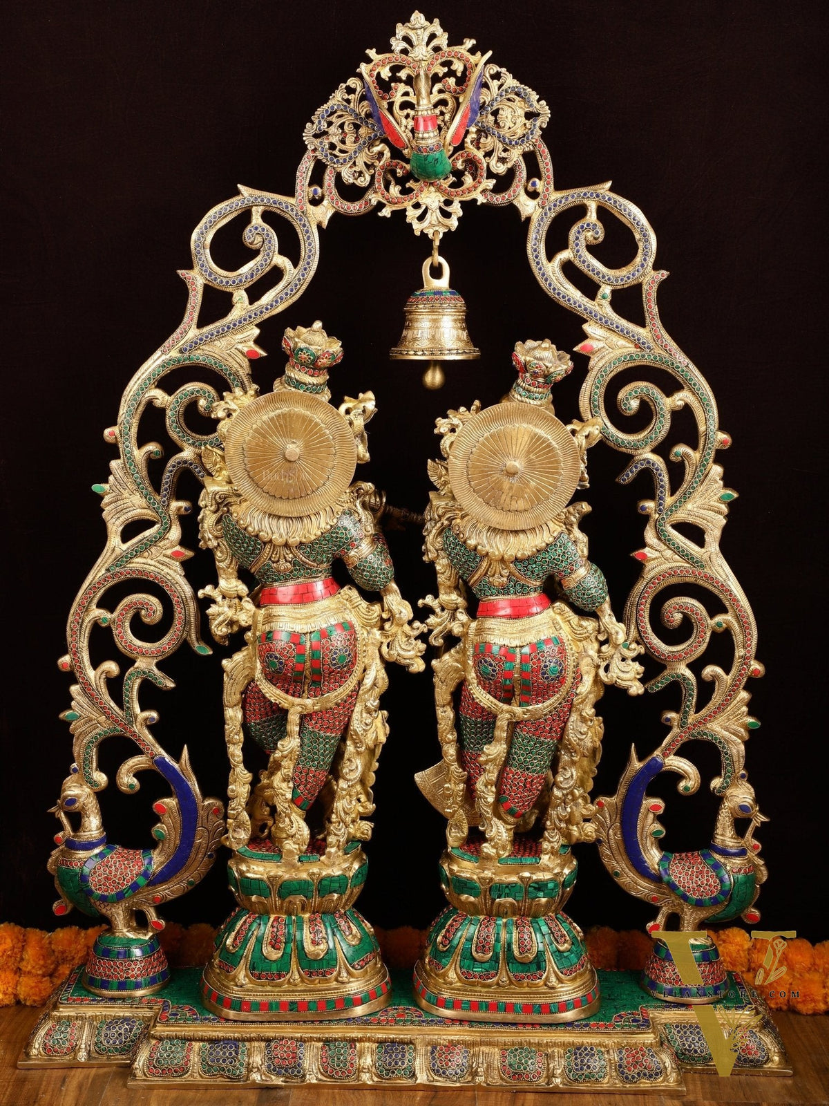 Majestic Brass Radha Krishna with Peacock Temple Arch Meenakari Marvel | 45 inch