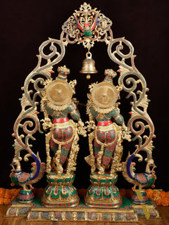 Majestic Brass Radha Krishna with Peacock Temple Arch Meenakari Marvel | 45 inch