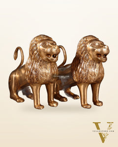 Majestic Brass Roaring Lion Pair – Handcrafted Decor Statues 12"