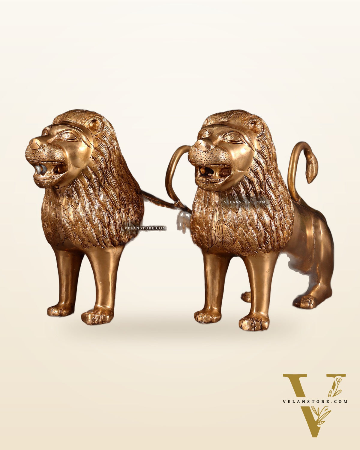 Majestic Brass Roaring Lion Pair – Handcrafted Decor Statues 12"