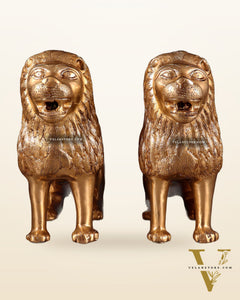 Majestic Brass Roaring Lion Pair – Handcrafted Decor Statues 12"