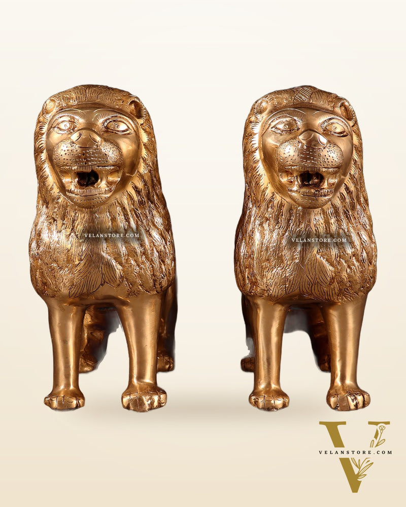 Majestic Brass Roaring Lion Pair – Handcrafted Decor Statues 12"
