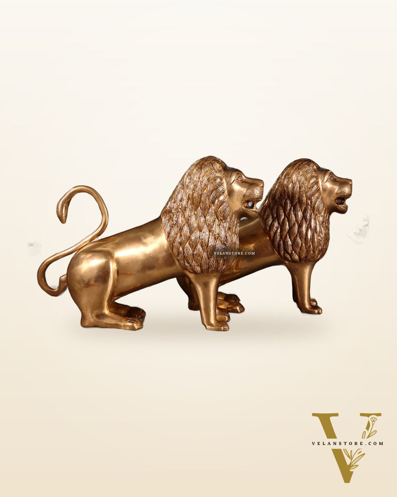 Majestic Brass Roaring Lion Pair – Handcrafted Decor Statues 12"