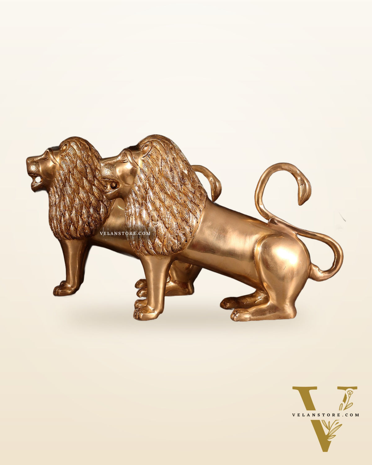 Majestic Brass Roaring Lion Pair – Handcrafted Decor Statues 12"