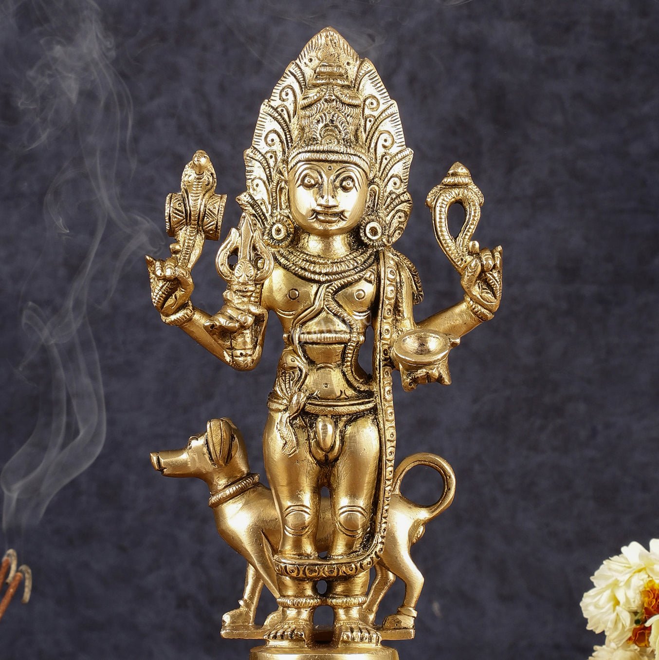 Majestic Brass Superfine Kaal Bhairav Bhairo Baba Idol with Dog - 12"