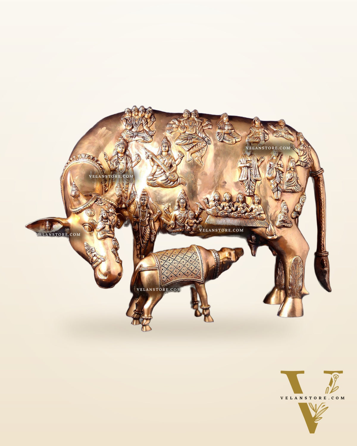 Majestic Large Pure Brass Kamadhenu Cow with Calf – Engraved with All Gods 40 inch