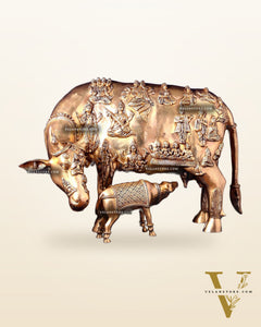 Majestic Large Pure Brass Kamadhenu Cow with Calf – Engraved with All Gods 40 inch