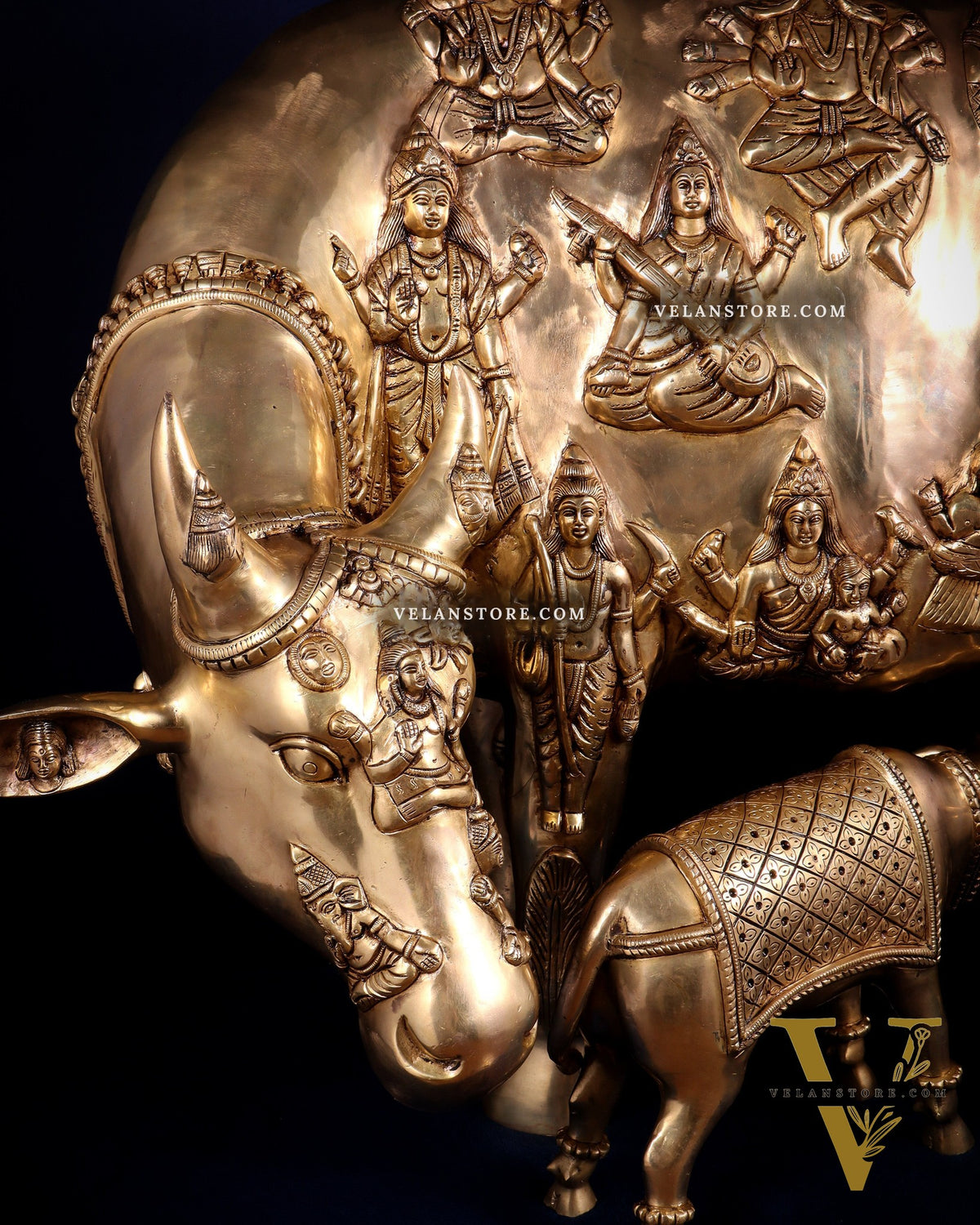 Majestic Large Pure Brass Kamadhenu Cow with Calf – Engraved with All Gods 40 inch