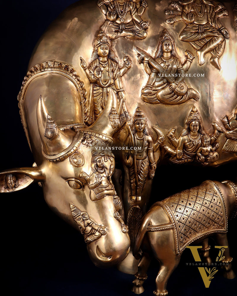 Majestic Large Pure Brass Kamadhenu Cow with Calf – Engraved with All Gods 40 inch