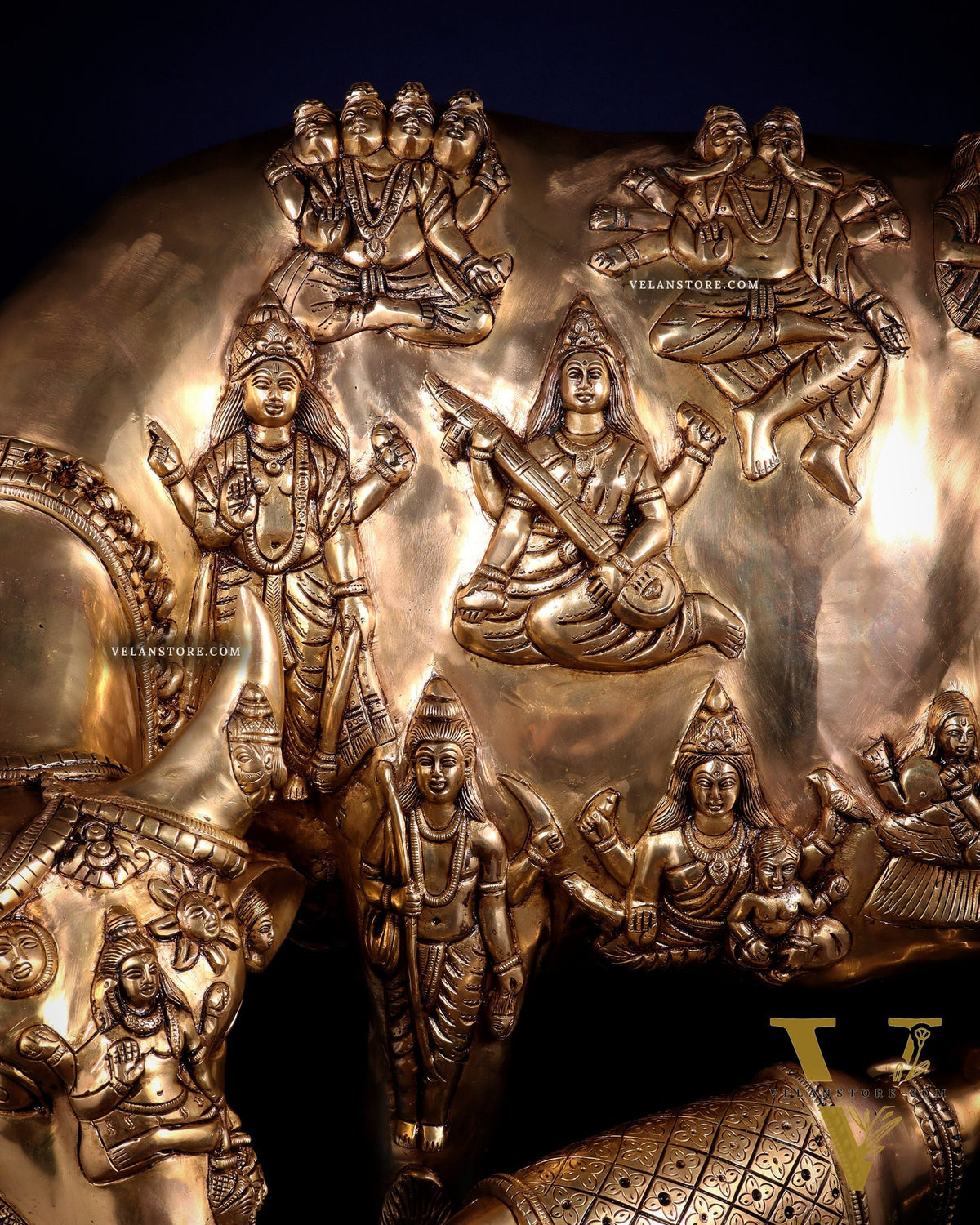 Majestic Large Pure Brass Kamadhenu Cow with Calf – Engraved with All Gods 40 inch