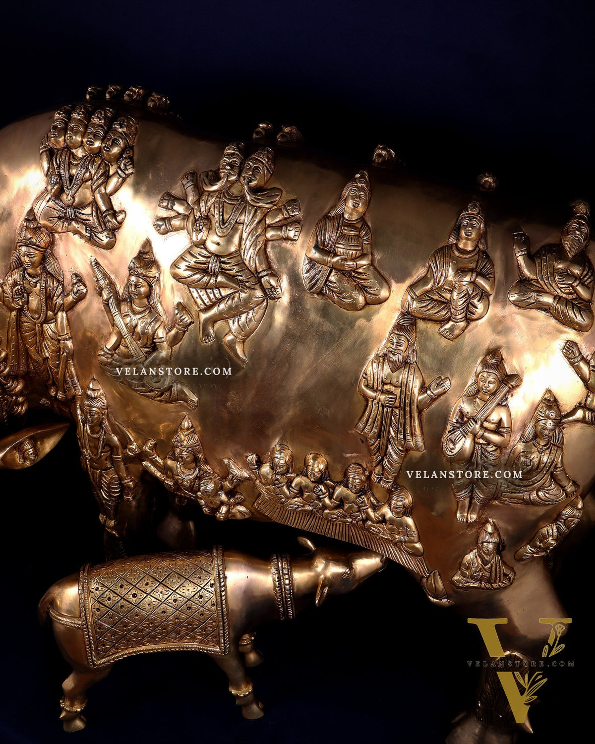Majestic Large Pure Brass Kamadhenu Cow with Calf – Engraved with All Gods 40 inch