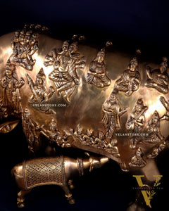 Majestic Large Pure Brass Kamadhenu Cow with Calf – Engraved with All Gods 40 inch