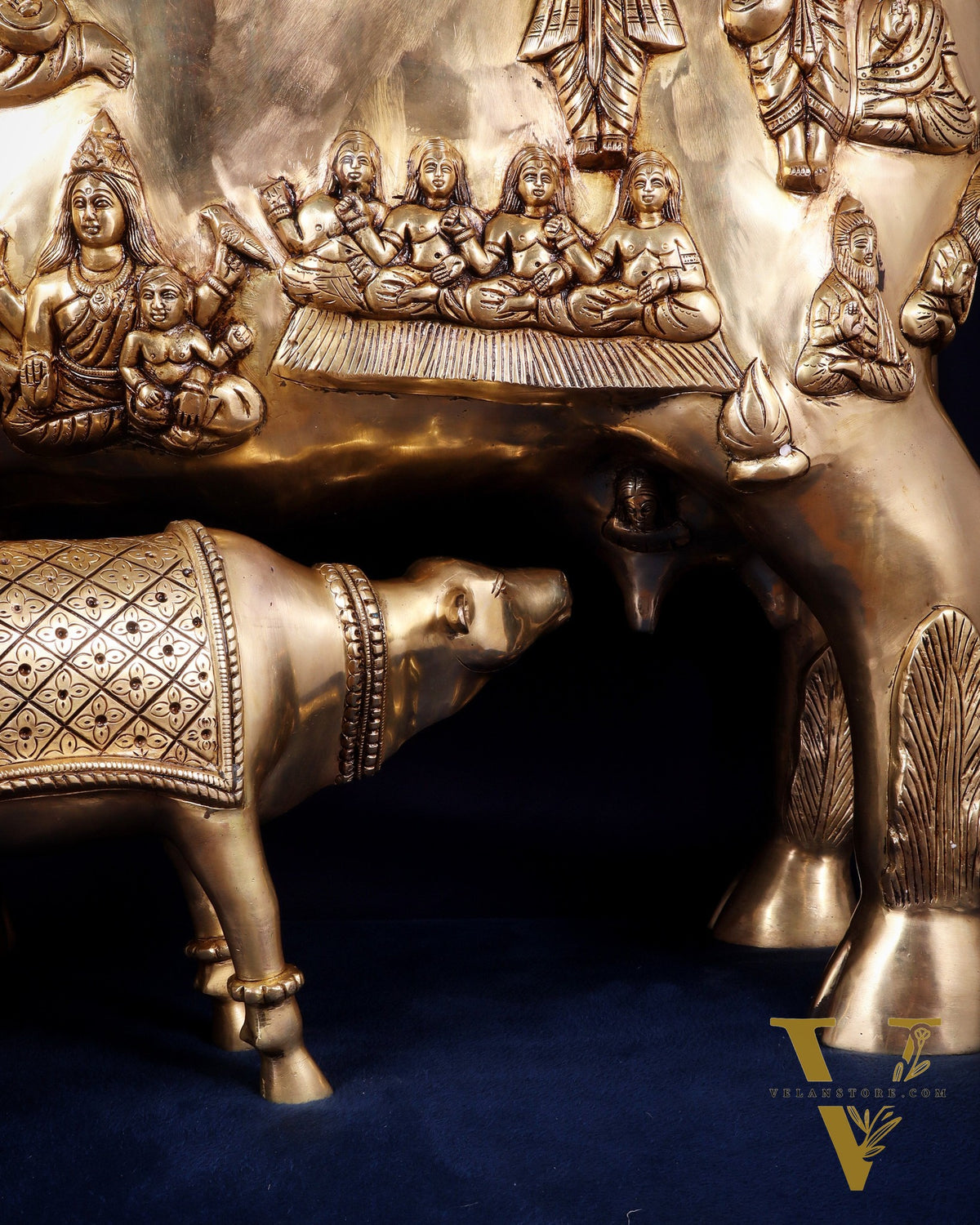 Majestic Large Pure Brass Kamadhenu Cow with Calf – Engraved with All Gods 40 inch