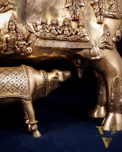 Majestic Large Pure Brass Kamadhenu Cow with Calf – Engraved with All Gods 40 inch