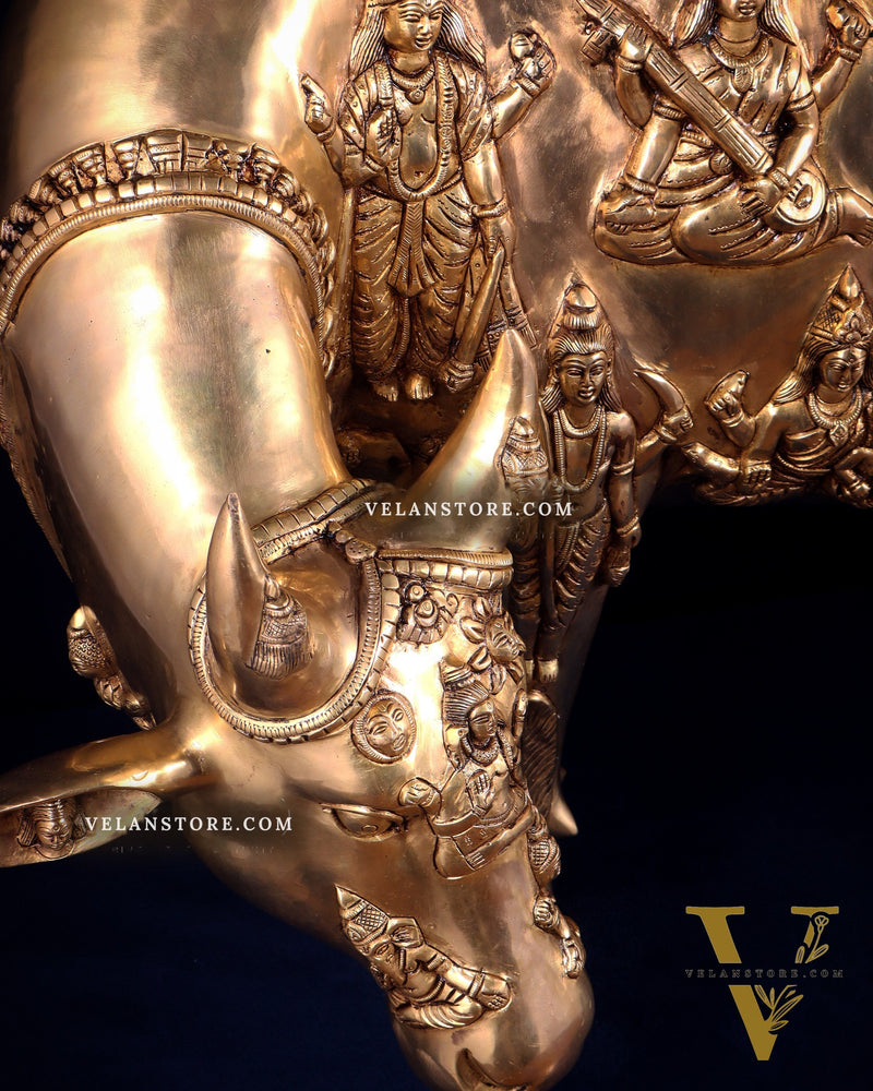 Majestic Large Pure Brass Kamadhenu Cow with Calf – Engraved with All Gods 40 inch