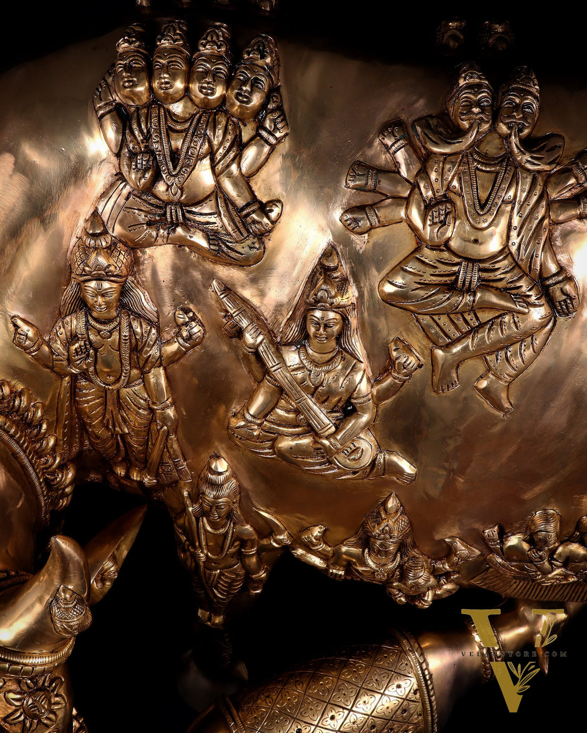 Majestic Large Pure Brass Kamadhenu Cow with Calf – Engraved with All Gods 40 inch