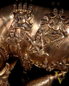 Majestic Large Pure Brass Kamadhenu Cow with Calf – Engraved with All Gods 40 inch