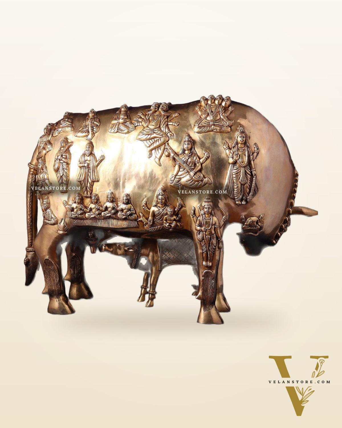 Majestic Large Pure Brass Kamadhenu Cow with Calf – Engraved with All Gods 40 inch