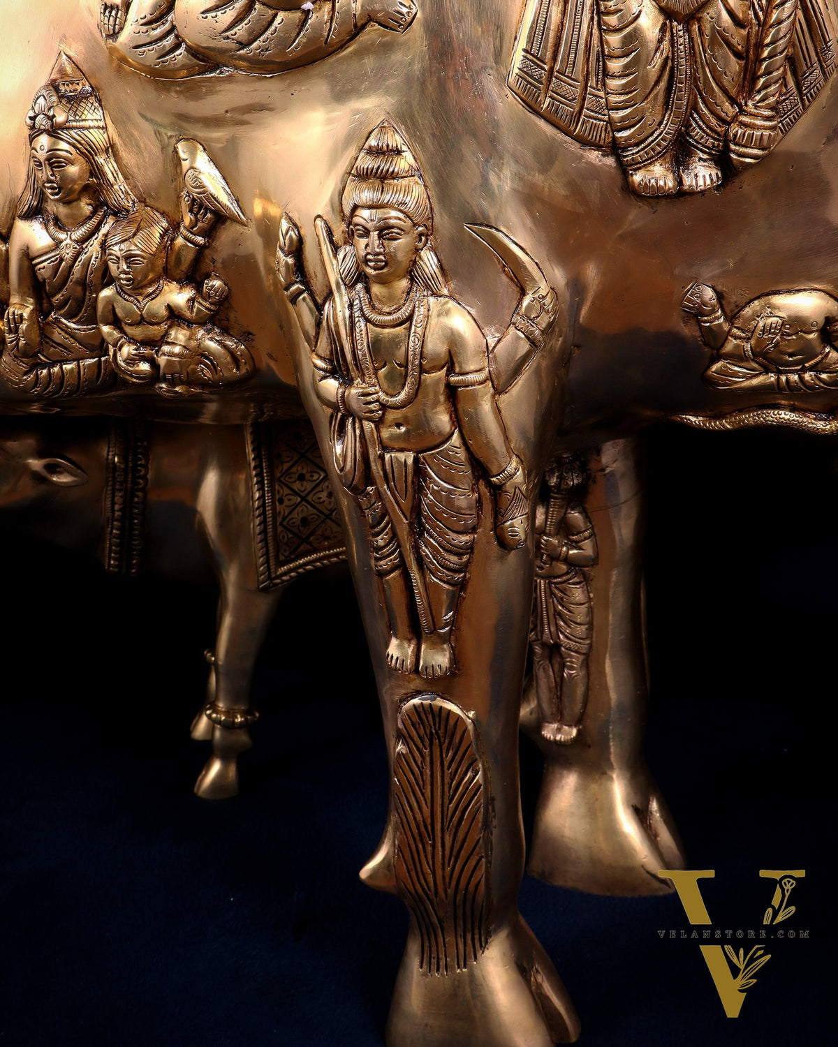 Majestic Large Pure Brass Kamadhenu Cow with Calf – Engraved with All Gods 40 inch