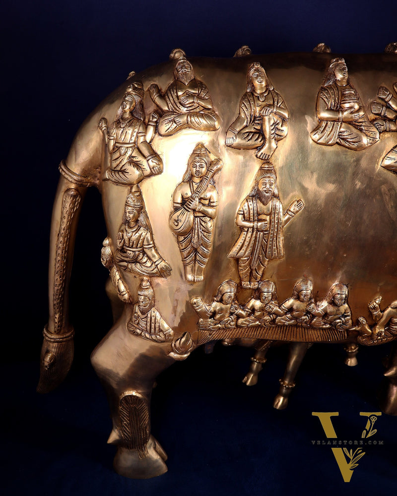 Majestic Large Pure Brass Kamadhenu Cow with Calf – Engraved with All Gods 40 inch
